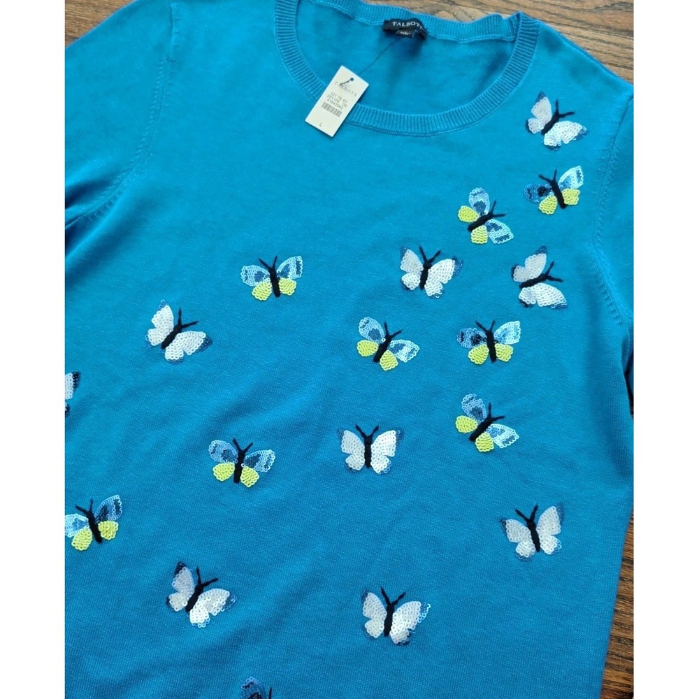 NWT Talbots Blue Butterfly Sequin Short Sleeve Sweater Top Size L Cottagecore